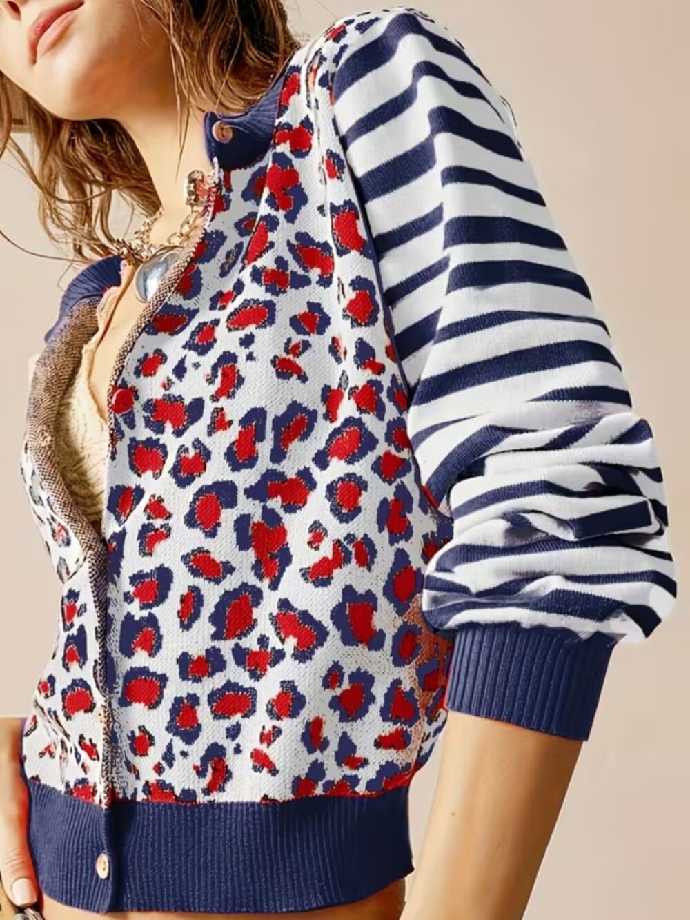 Leopard Print Striped Long-Sleeve Cardigan Sweater